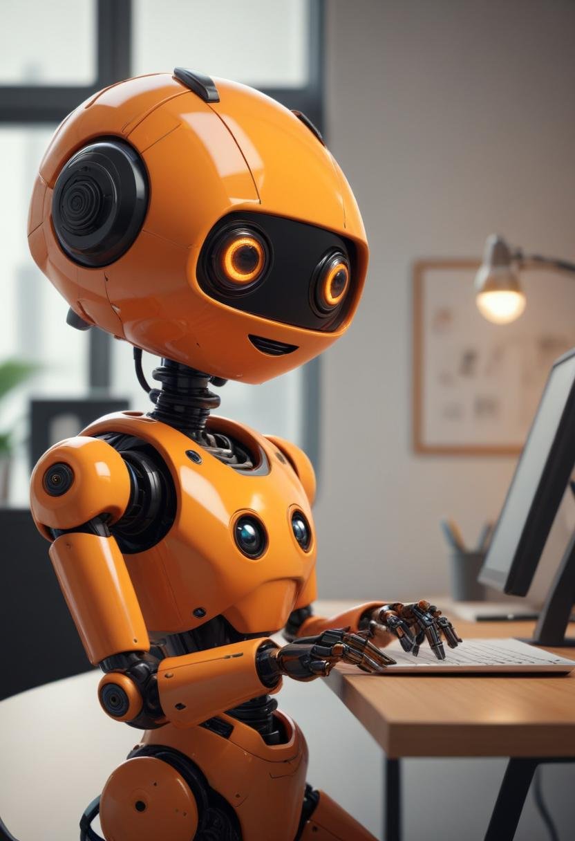 Robi, the Zero2AI mascot, working at a laptop