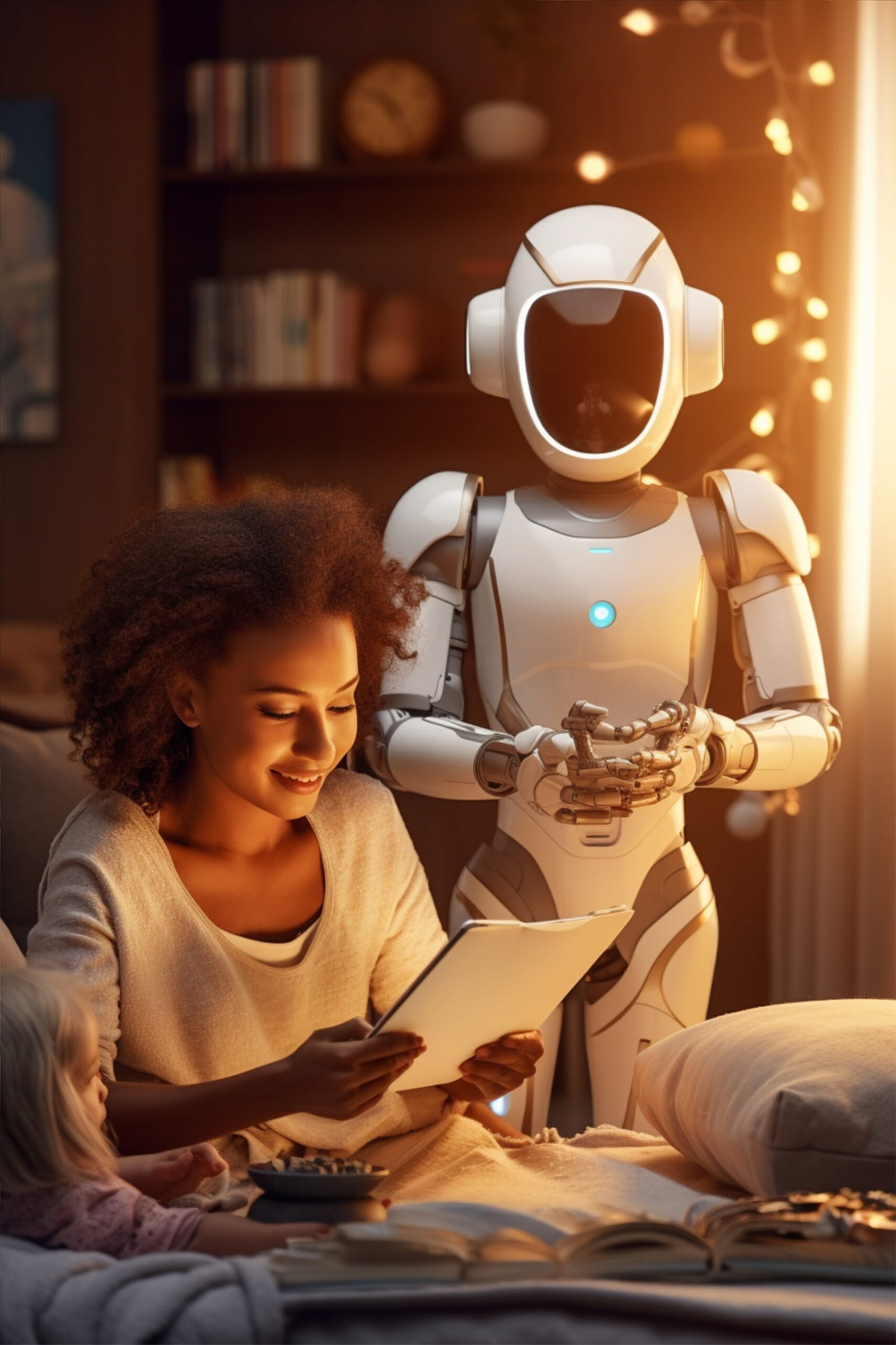 Young woman with artificial intelligence robot doing homework or reading before bed Young woman with artificial intelligence robot doing homework or reading before bed